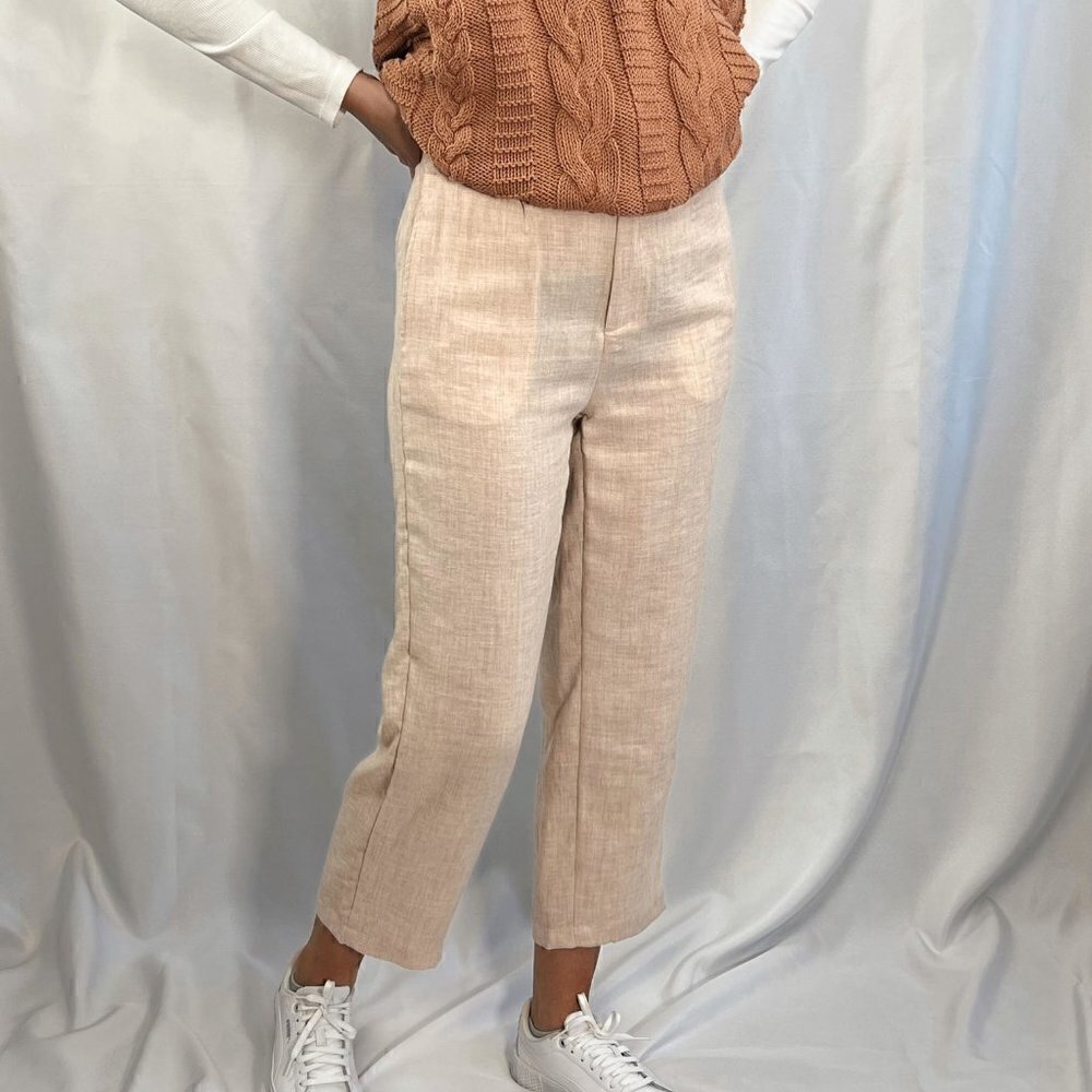 Cropped lightweight woven khaki straight leg high waisted trousers
